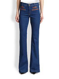 7 For All Mankind Leather Trimmed Flared Jeans   French Blue Rinse