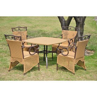 International Caravan Valencia 5 piece Resin Wicker/ Steel Skirted Dining Set (Matte brown, natural colorCushions NOT included Materials Powdercoated steelFinish Steel, resin wicker weaveWeather resistant UV protection Weight 127 poundsSkirted design T