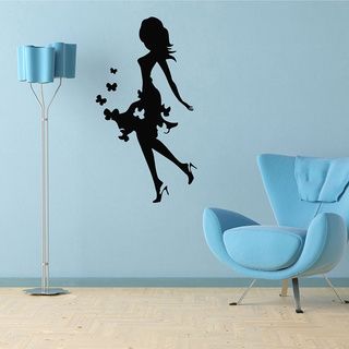 Girl In Dress With Butterfly Vinyl Wall Decal (Glossy blackEasy to applyDimensions 25 inches wide x 35 inches long )