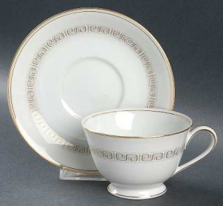 Noritake Athena Footed Cup & Saucer Set, Fine China Dinnerware   Gold & Gray Gre