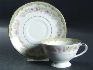 Meito Kenwood Footed Cup & Saucer Set, Fine China Dinnerware   Gray/Green Border