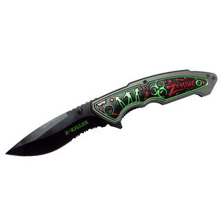 Spring assisted 8.5 inch Black Zombie Z Killer Folding Knife (BlackBlade materials Stainless steelHandle materials MetalOverall length 8.5 inchesBlade length 3.5 inchesHandle length 5 inchesWeight 0.7 ounceDimensions 8.5 inches high x 4 inches wide
