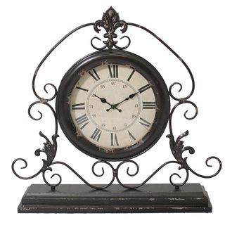 Versailles Scroll Art 23 inch Wide Weathered Metal Tabletop Mantel Clock (BlackMaterials Metal/ woodFinish Heavy weathered finishTraditional roman numerals and Arabic number from 13 24Scroll design body with wood baseIdeal display piece for a wide table