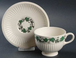 Wedgwood Stratford Footed Cup & Saucer Set, Fine China Dinnerware   Edme, Green