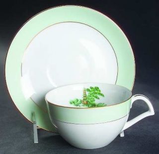 Narumi Oriental Green Flat Cup & Saucer Set, Fine China Dinnerware   Pale Green
