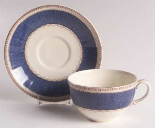 Grindley Melrose (Wide Blue Rim,Smooth) Flat Cup & Saucer Set, Fine China Dinner