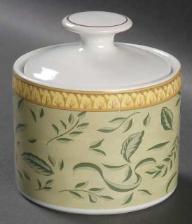 American Atelier Botanical Sugar Bowl & Lid, Fine China Dinnerware   Green Band