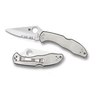 Spyderco Delica 4 Stainless Knife (silverBlade materials VG 10Handle materials Stainless SteelBlade length 2.875 inchesHandle length 4.188 inchesHollow saber ground with a stronger tip and larger 13 milimeter opening holeSpine has slip resistant jimpi