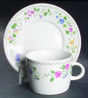 Farberware English Garden (225/225a,White Bckgd) Flat Cup & Saucer Set, Fine Chi