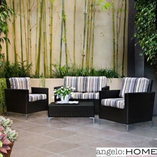 Angelohome Napa Springs Newport Stripe 4 Piece Indoor/outdoor Wicker Arm Chairs, Loveseat And Table