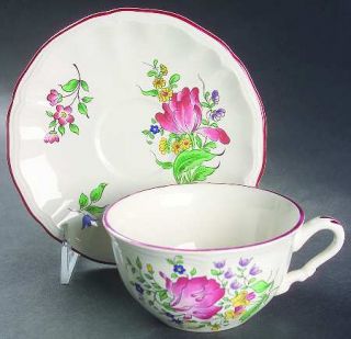 Luneville Old Strasbourg (Off White Bkgd,Tulip) Flat Cup & Saucer Set, Fine Chin