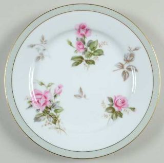 Noritake Priscilla Salad Plate, Fine China Dinnerware   Light Green Band, Pink R
