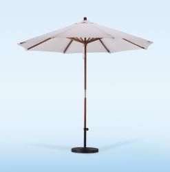 Premium 9 foot Natural White Patio Umbrella With Base (Natural whiteMaterials Wood and polyesterPole materials WoodWeatherproof Shade UV Protection Heavy duty 50 pound base includedWeight 15 poundsDimensions 96 inches high x 108 inches wide x 108 inch