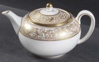 Wedgwood Florentine Gold White Body Teapot & Lid, Fine China Dinnerware   Gold O