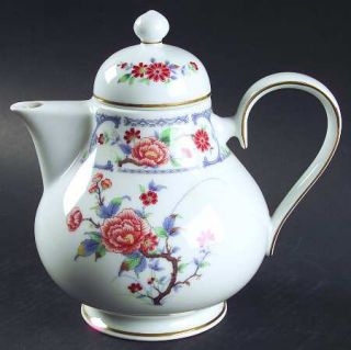Noritake Romaine Teapot & Lid, Fine China Dinnerware   Blue Decor, Pink Flowers,