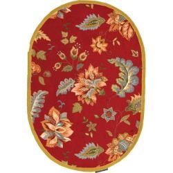 Hand hooked Botanical Red Wool Rug (76 X 96 Oval)
