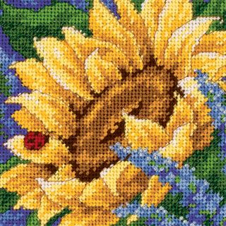 Jiffy Sunflower And Ladybug Mini Needlepoint Kit 5x5 Stitched In Thread