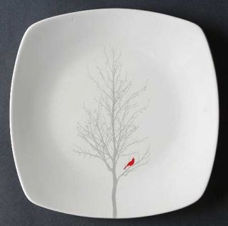 222 Fifth (PTS) Red Cardinal Square Salad Plate, Fine China Dinnerware   Red Bir