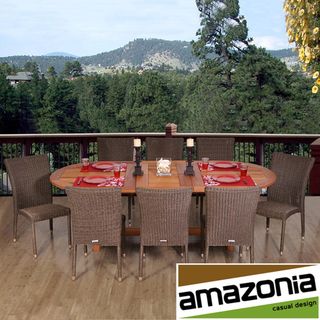 Sardinia 9 piece Dining Set (Light brown table with grey/beige chairs Materials 100 percent eucalyptus wood table with aluminum, PVC and wicker chairs Finish Tinted wood applied in originCushions included NoWeather resistant YesUV protection YesAdjus