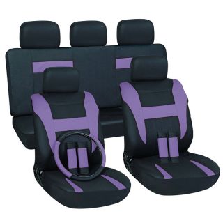 Purple 16 piece Car Seat Cover Set (PurpleSet includesFive (5) head rest pieces Four (4) seat belt pads Two (2) Bench seat covers Two (2) Bucket chair coversOne (1) 15 inch steering wheel coverBucket seat dimensions 28 inches long x 17 inches deep x 6 i
