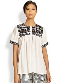 Suno Embroidered Cotton Babydoll Top