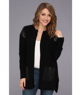 DKNYC L/S Cardigan w/ Faux Leather Accents Womens Sweater (Black)