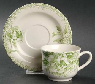 Gien Fleur De Chine Flat Cup & Saucer Set, Fine China Dinnerware   Green Flowers