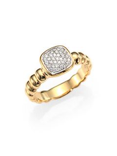 John Hardy Pave Diamond & 18K Yellow Gold Bedeg Ribbed Ring   Gold