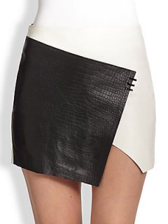 Bec & Bridge Babylon Two Tone Asymmetrical Leather Wrap Effect Skirt   Black/Whi