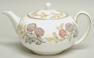 Wedgwood Lichfield Teapot & Lid, Fine China Dinnerware   Bone, Pink/Yellow/Gray
