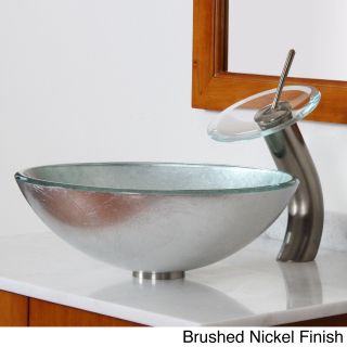 Elite Modern Tempered Glass Bathroom Vessel Sink With Silver Wrinkles Pattern And Waterfall Faucet Combo