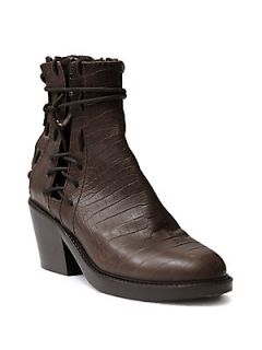 Crocodile Print Leather Lace Up Ankle Boots   Brown