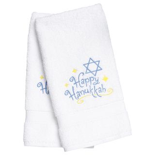 Embroidered Happy Hanukkah Holiday Turkish Cotton Hand Towels (set Of 2)