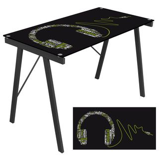 Headphone Music Exponent Tempered Glass top Desk (Black, greenMaterials Metal frame and tempered glass Glass Tempered black glass top with printed graphicDimensions 22.75 inches long x 44.5 inches wide x 28.75 inches highGreat for use as a computer des