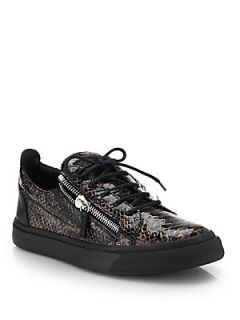 Giuseppe Zanotti Snakeskin Embossed Leather Lace Up Sneakers   Black
