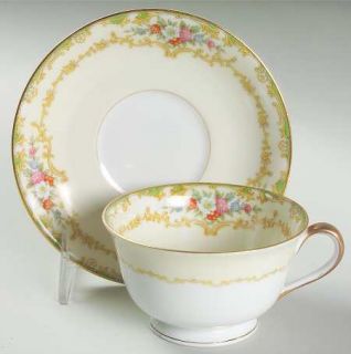 Noritake Roberta Footed Cup & Saucer Set, Fine China Dinnerware   Green Edge,Flo