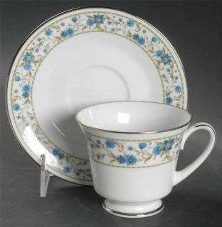 Noritake Sue Footed Cup & Saucer Set, Fine China Dinnerware   Blue/Green Flowers
