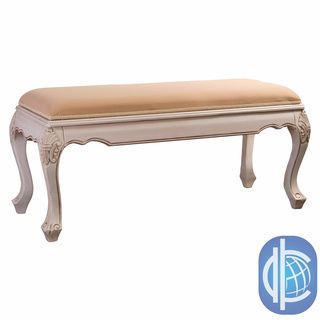 International Caravan Windsor Hand carved Upholstered Antique White Wood Occasional Bench