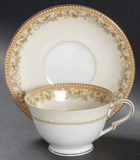 Noritake Rondine Footed Cup & Saucer Set, Fine China Dinnerware   Tan Edge,Blue&