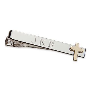 Personalized Tie Bar w/ Gold Tone Cross, Silver, Mens