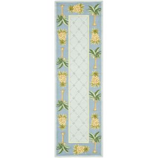 Hand hooked Pineapples Light Blue Wool Rug (26 X 10)