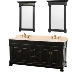 Wyndham Collection Andover Black 72 inch Solid Oak Double Bathroom Vanity (Black, top ivory marbleNumber of drawers 3Number of doors 4Faucet not includedCabinet dimensions 35 inches high x 72 inches wide x 23 inches deepMirror dimensions 41 inches hig