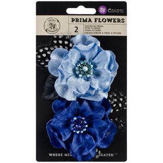 Plume Fabric Flowers W/rhinestones 3.25 2/pkg azure