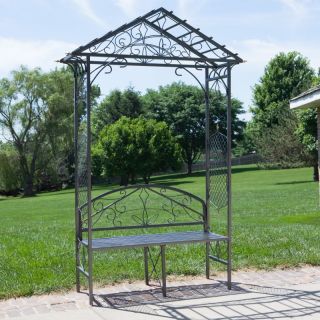 Austram Hammered Silver 8 ft. Steel Gable Arbor with Bench Package   AUM019 WB