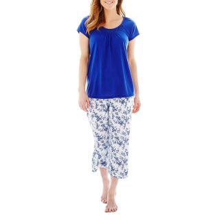 Earth Angels Short Sleeve Shirt and Capris Pajama Set, Delft Navy Toile F,