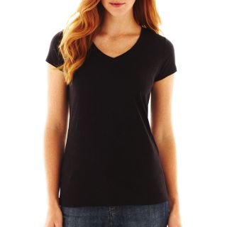 Essential Short Sleeve Relaxed Fit V Neck Tee, Black, Womens