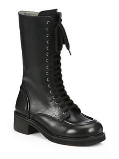 Jil Sander Navy Leather Lace Up Mid Calf Combat Boots   Black