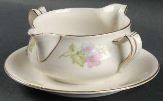 Thun Springtime (Ivory Bkgrd/Pink/Blu/Gry) Gravy Boat with Attached Underplate,
