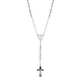 Mens Two Tone Stainless Steel Rosary Necklace, Whte