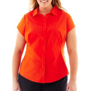 Worthington Short Sleeve Button Front Blouse   Plus, Orange